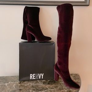 BRAND NEW! BURGUNDY VELVET Thigh High boots by RENVY! W/block heel. 7.5M, FS.
